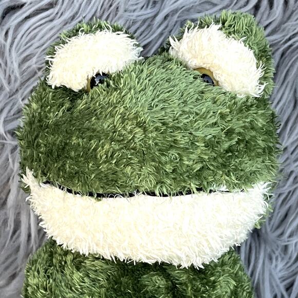 Plush Seated Green Frog Yellow Marble Eyes Soft Fur Plushie Stuffed Animal 9" - Picture 2 of 8